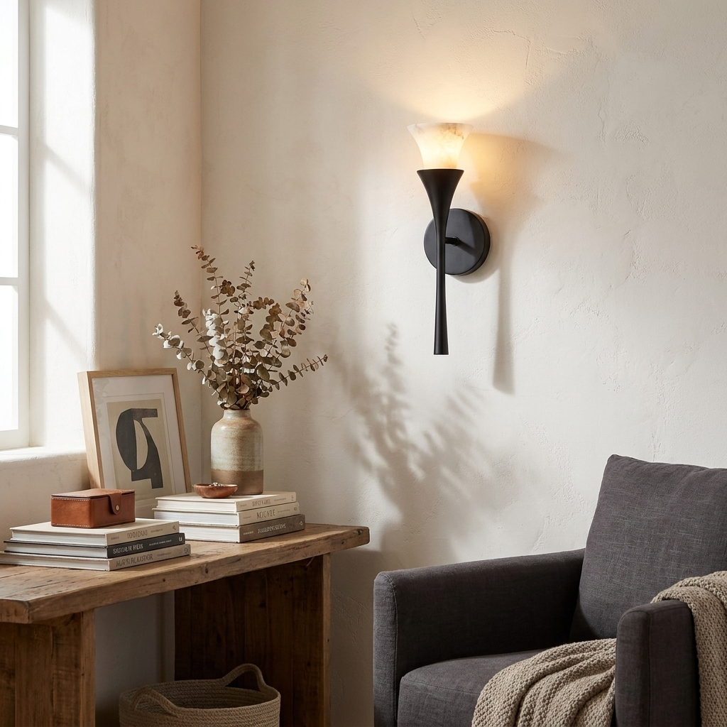 In a living room corner by a window, this Clérachic sconce in matte black lights a console table stacked with books.