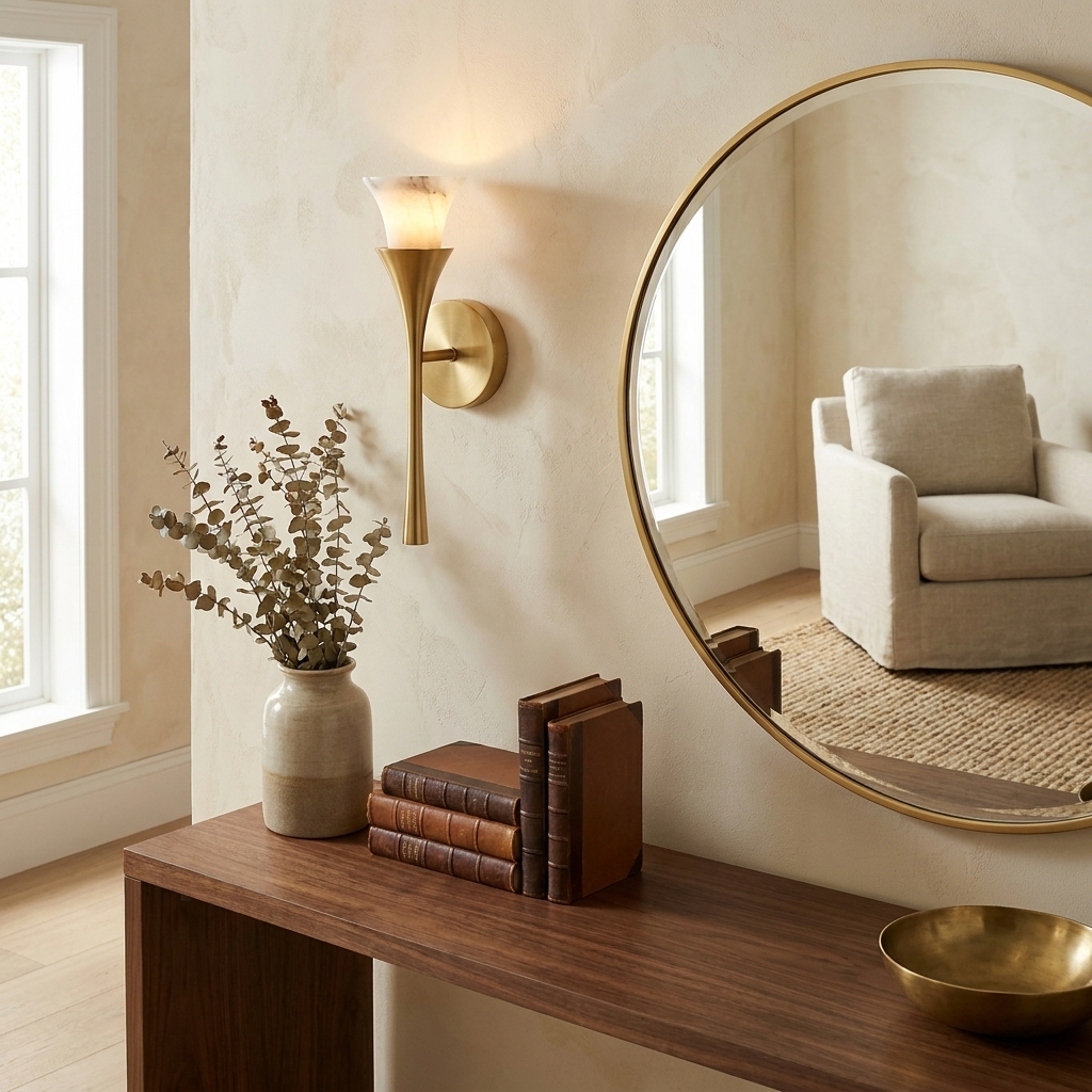 Beside a round mirror reflecting a cream armchair, this Clérachic sconce in brushed brass lights a console with books and a bowl.
