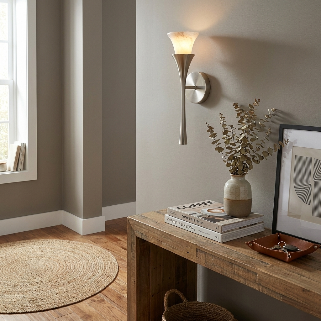 In a hallway corner beside a console table and framed art, this Clérachic sconce shows its brushed nickel finish.