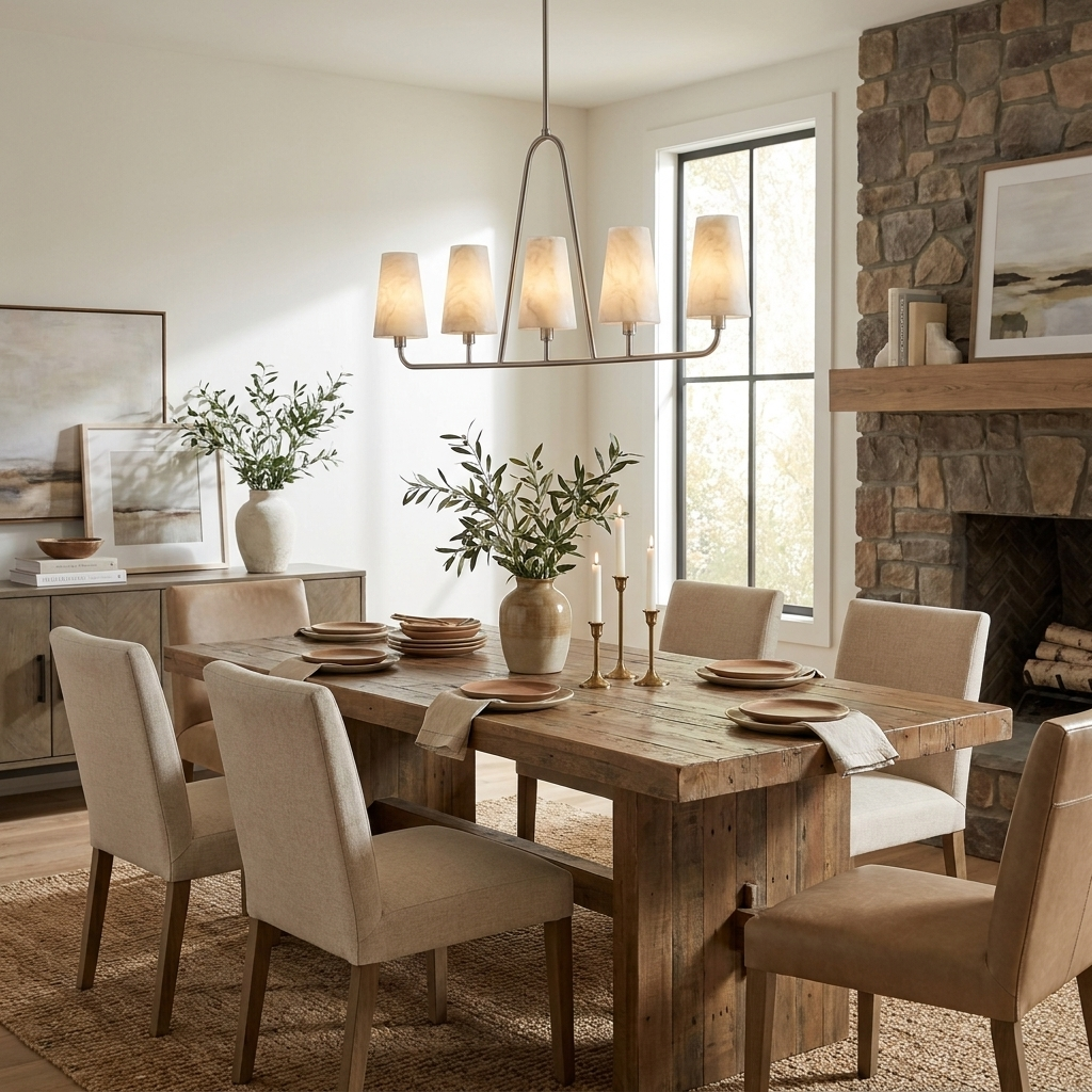 Beside a stone fireplace, this Clérachic chandelier in matte black lights a reclaimed-wood table set for a meal.