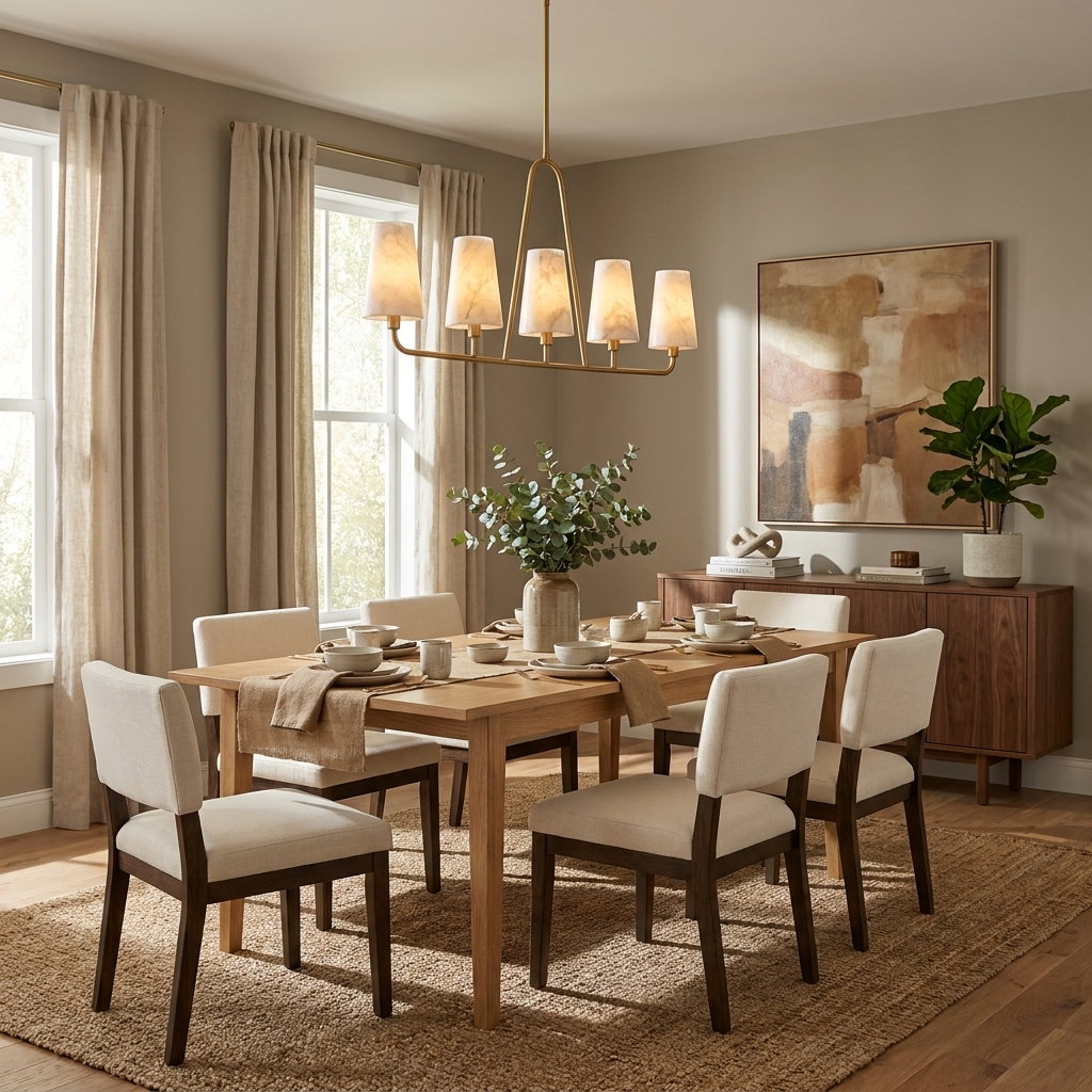Near curtained windows and an abstract print, this Clérachic chandelier in brushed brass hangs over cream dining chairs.