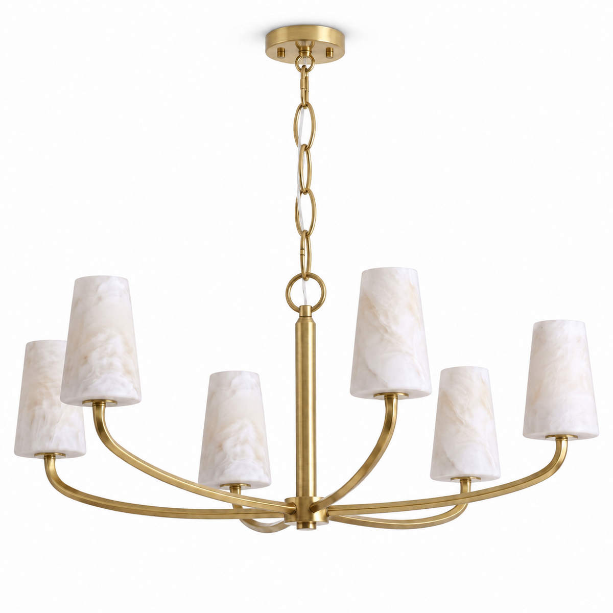 Seen alone on a plain backdrop, the curved arms of this Clérachic chandelier weave into a basket shape in brushed brass.