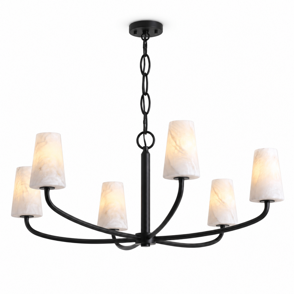 Against a plain white backdrop, the chain and tapered cone shades of this Clérachic chandelier hang in matte black.
