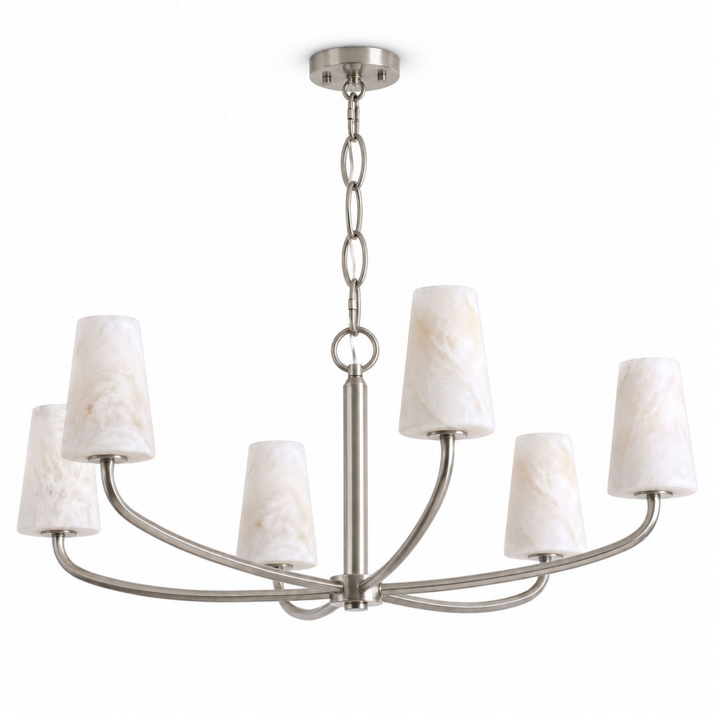 On a plain backdrop, the link chain of this Clérachic chandelier suspends its woven frame in brushed nickel.