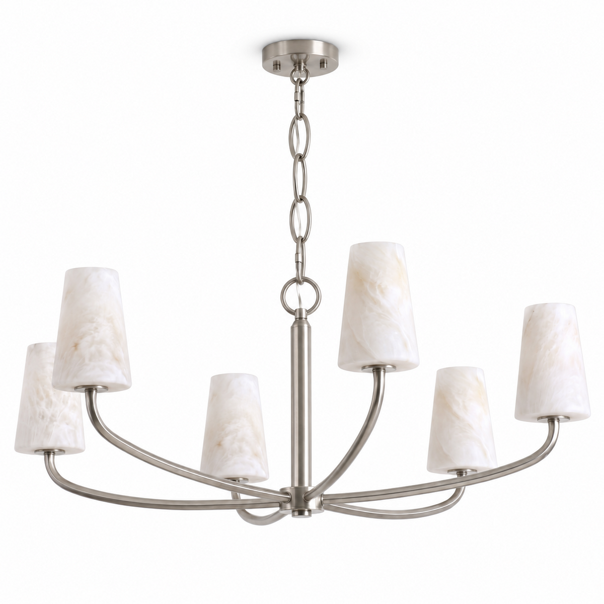 On a plain backdrop, the link chain of this Clérachic chandelier suspends its woven frame in brushed nickel.