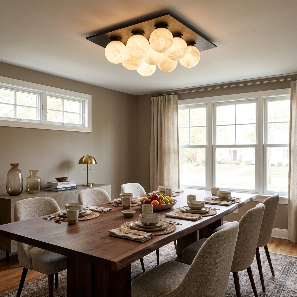 Above a wood dining table set for a meal, this Clérachic ceiling light glows warm in brushed brass.