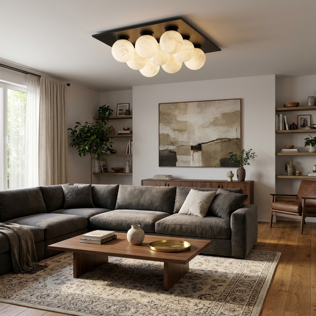 Over a charcoal sectional sofa beneath an abstract print, this Clérachic ceiling light clusters its globes in matte black.