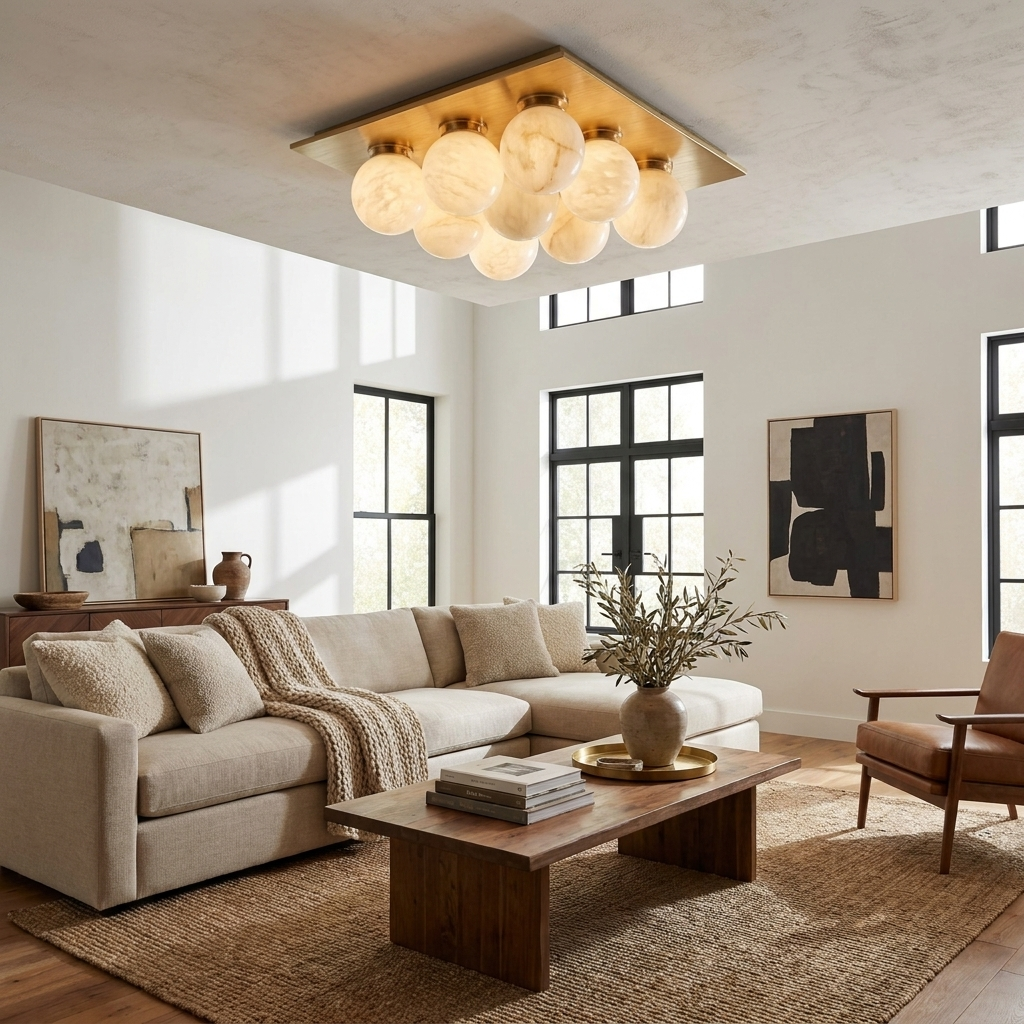 Beneath tall black-framed windows, this brushed brass Clérachic ceiling light glows above a cream sectional sofa.