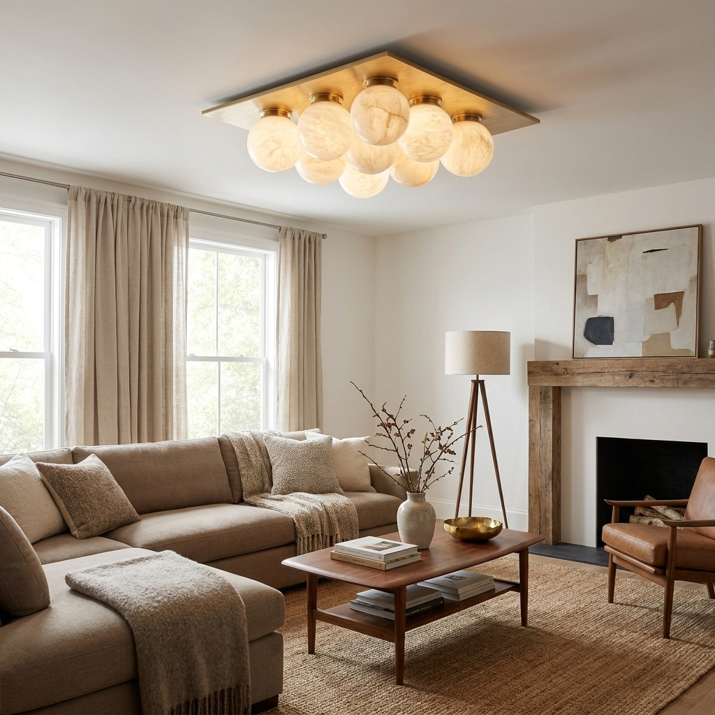 Beside a stone fireplace and floor lamp, this Clérachic ceiling light glows warm above a beige sofa in brushed brass.