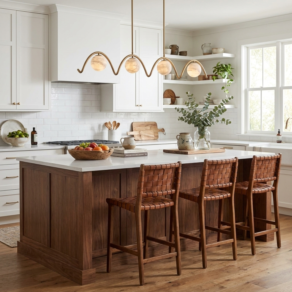 Over a wood kitchen island with leather stools, this Clérachic chandelier's alabaster spheres glow in brushed brass.