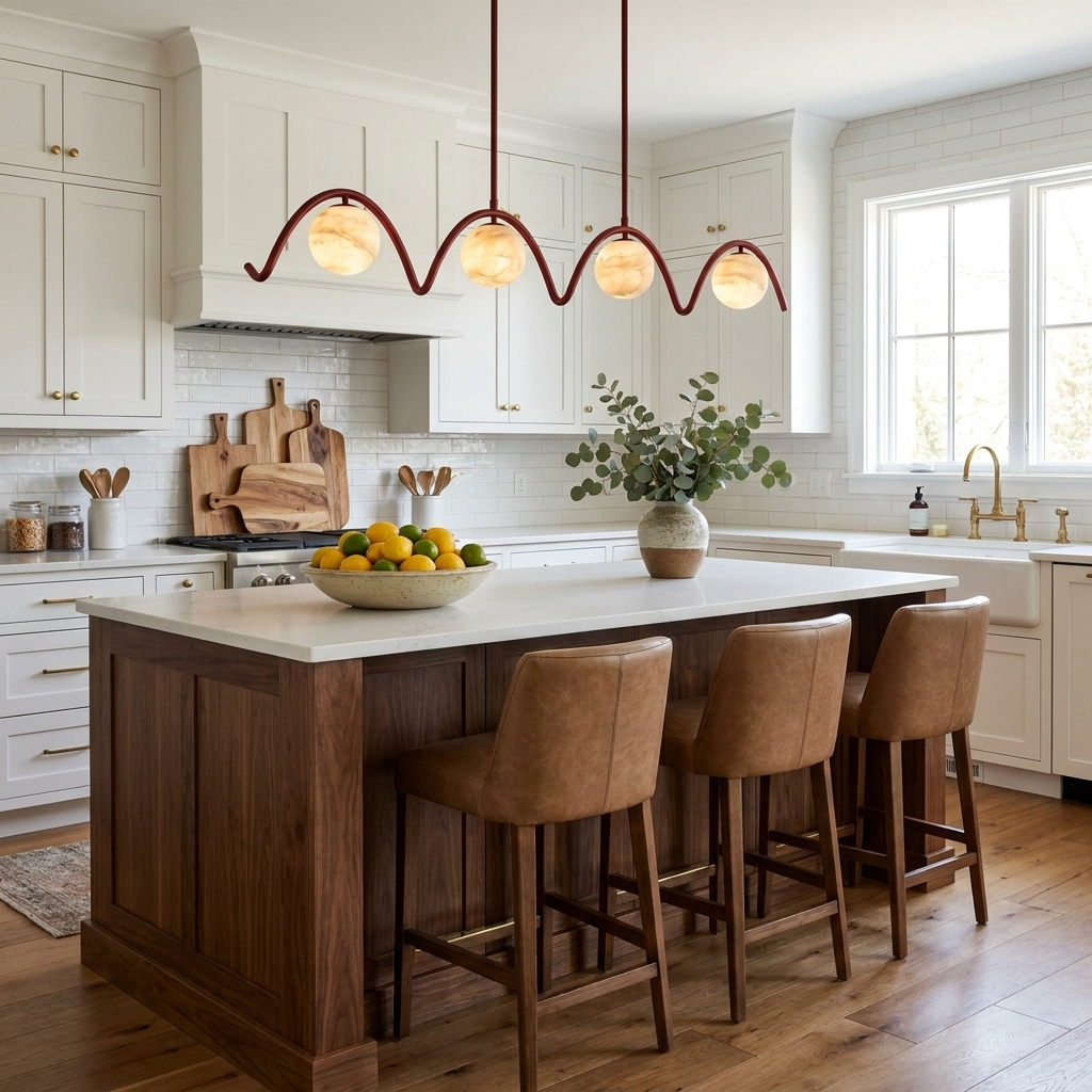 Above a wood island with brown leather stools, this Clérachic chandelier arches over the counter in matte red.