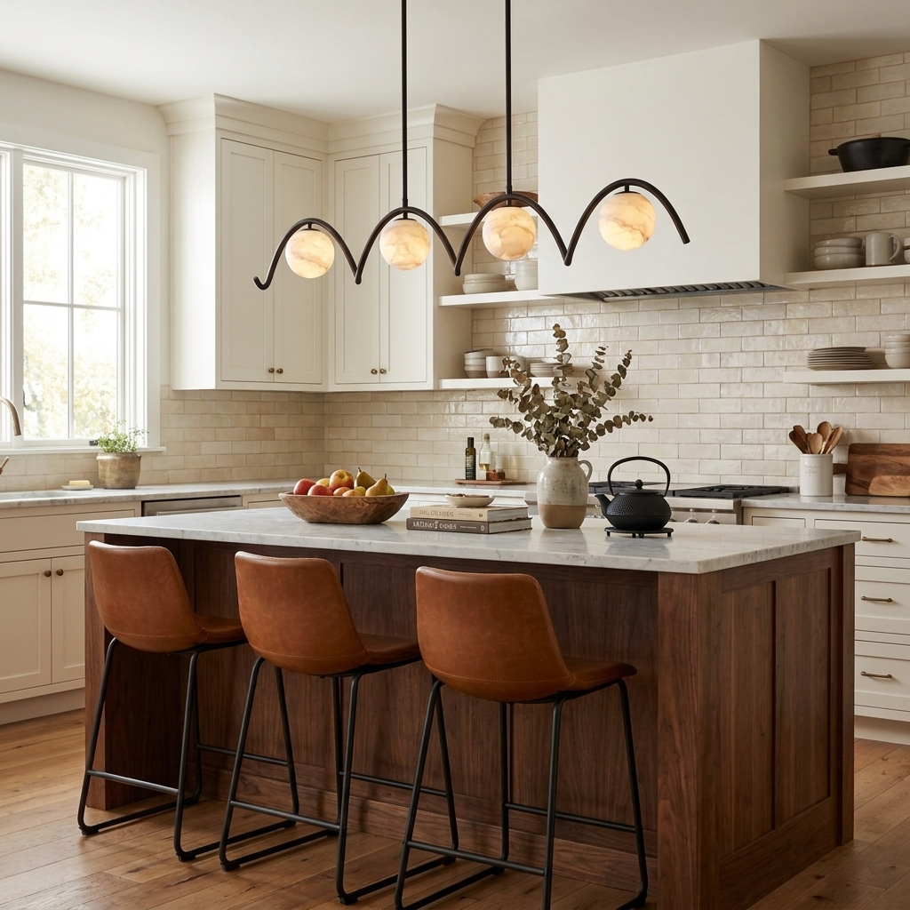Near open shelving above a wood kitchen island, this Clérachic chandelier's arched tubes glow in matte black.