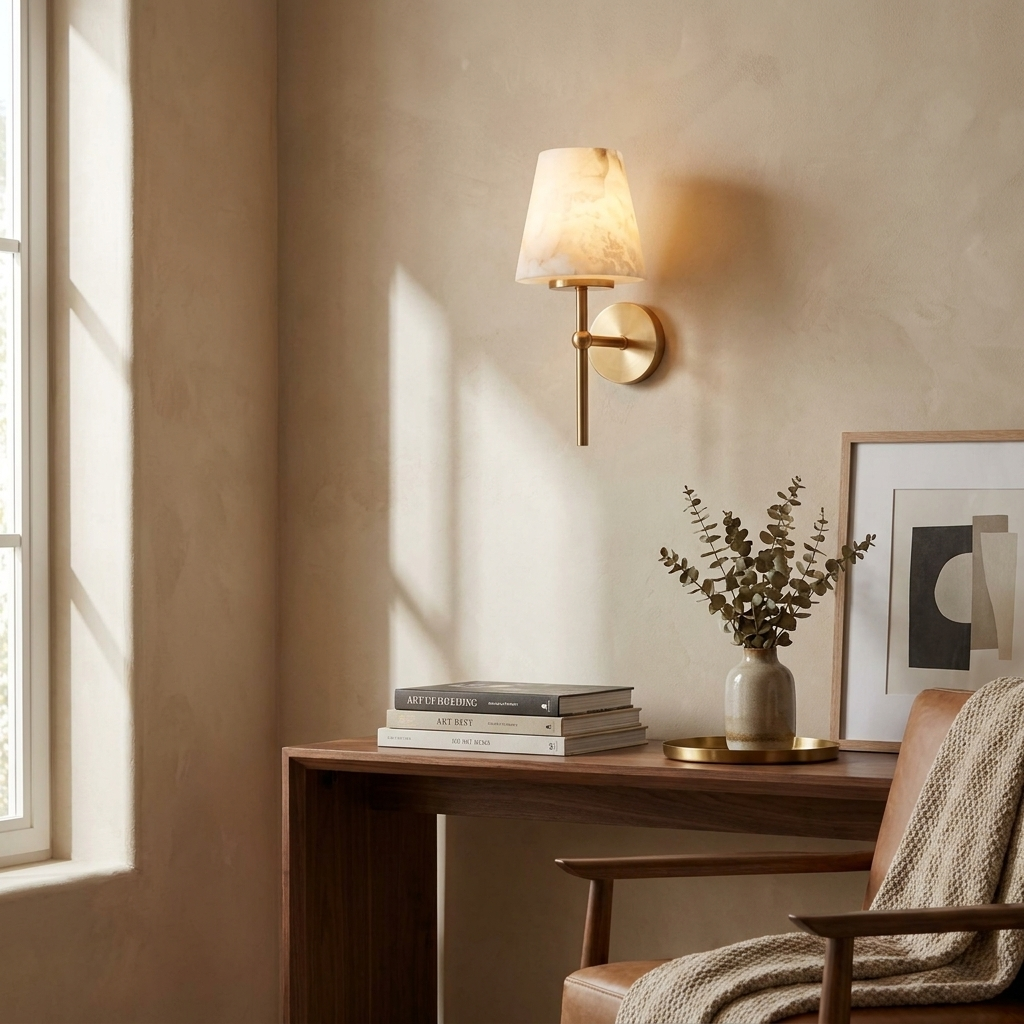 Sunlight crosses a wood desk and leather chair beneath this brushed brass Clérachic wall light.