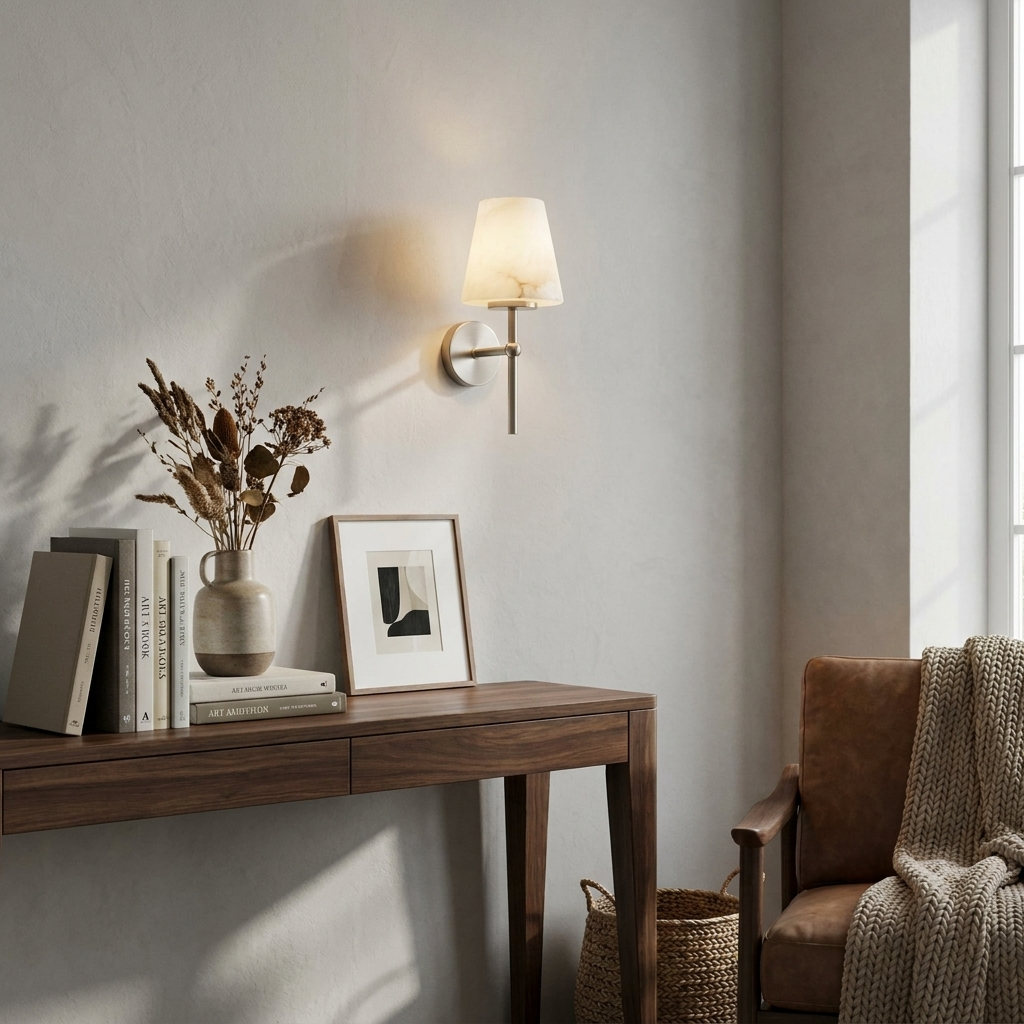 Above a walnut console with framed art and dried stems, this Clérachic wall light glows in brushed brass.