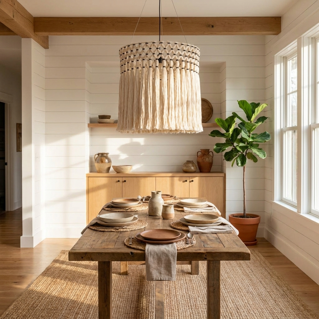 Over a rustic wood dining table set with stoneware, this Clérachic pendant glows beneath open ceiling beams and a leafy plant.