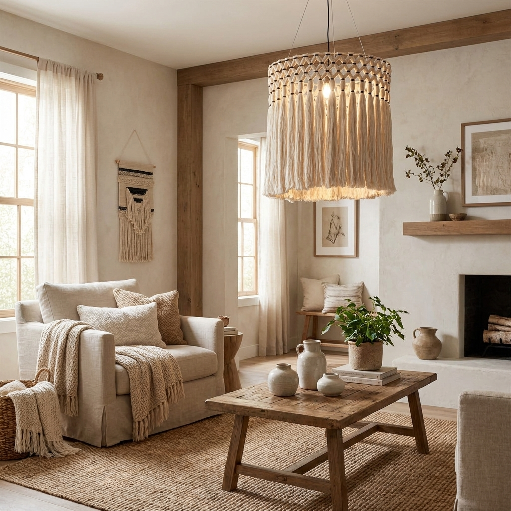 In a living room with a stone fireplace and wood coffee table, this Clérachic pendant glows above a cream sofa.