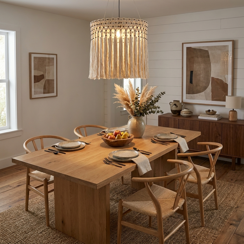 Above a walnut dining table set for a meal, this Clérachic pendant glows beneath abstract wall art and wishbone chairs.