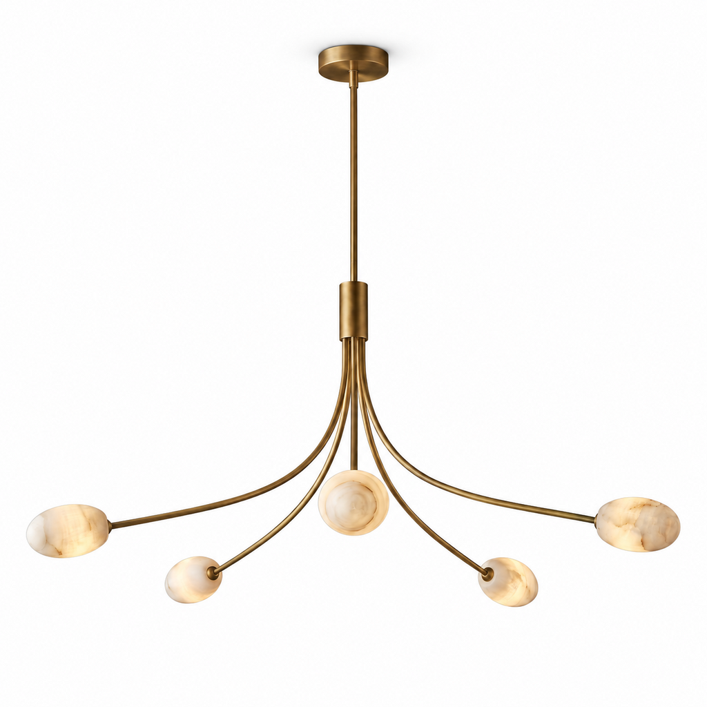 White-background view of this Clérachic chandelier in brushed brass, arms spread wide from the ceiling canopy.