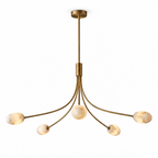 White-background view of this Clérachic chandelier in brushed brass, arms spread wide from the ceiling canopy.
