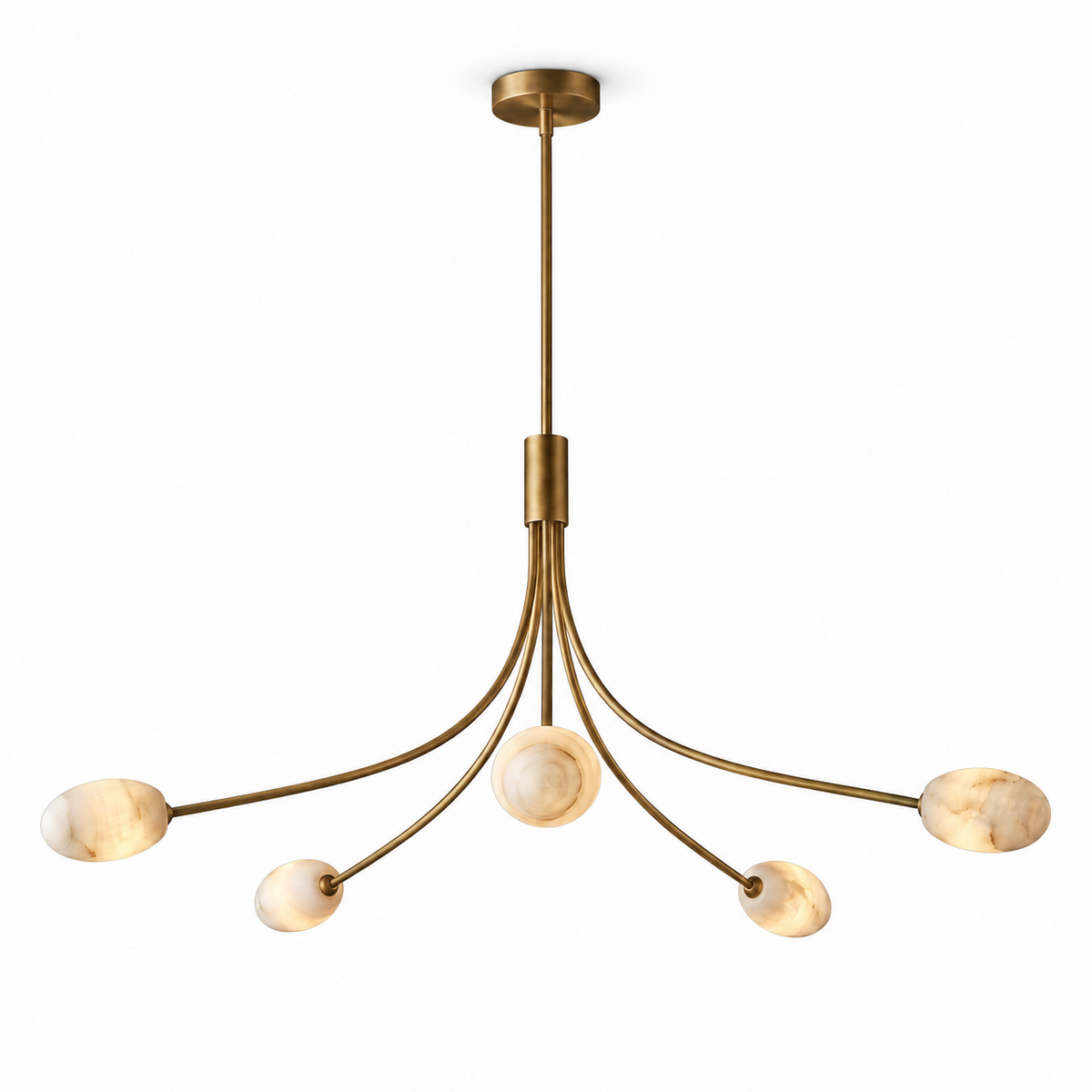 White-background view of this Clérachic chandelier in brushed brass, arms spread wide from the ceiling canopy.