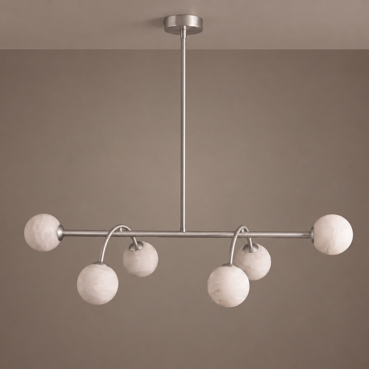 Front-facing studio shot of this Clérachic chandelier in brushed nickel against a plain taupe backdrop.