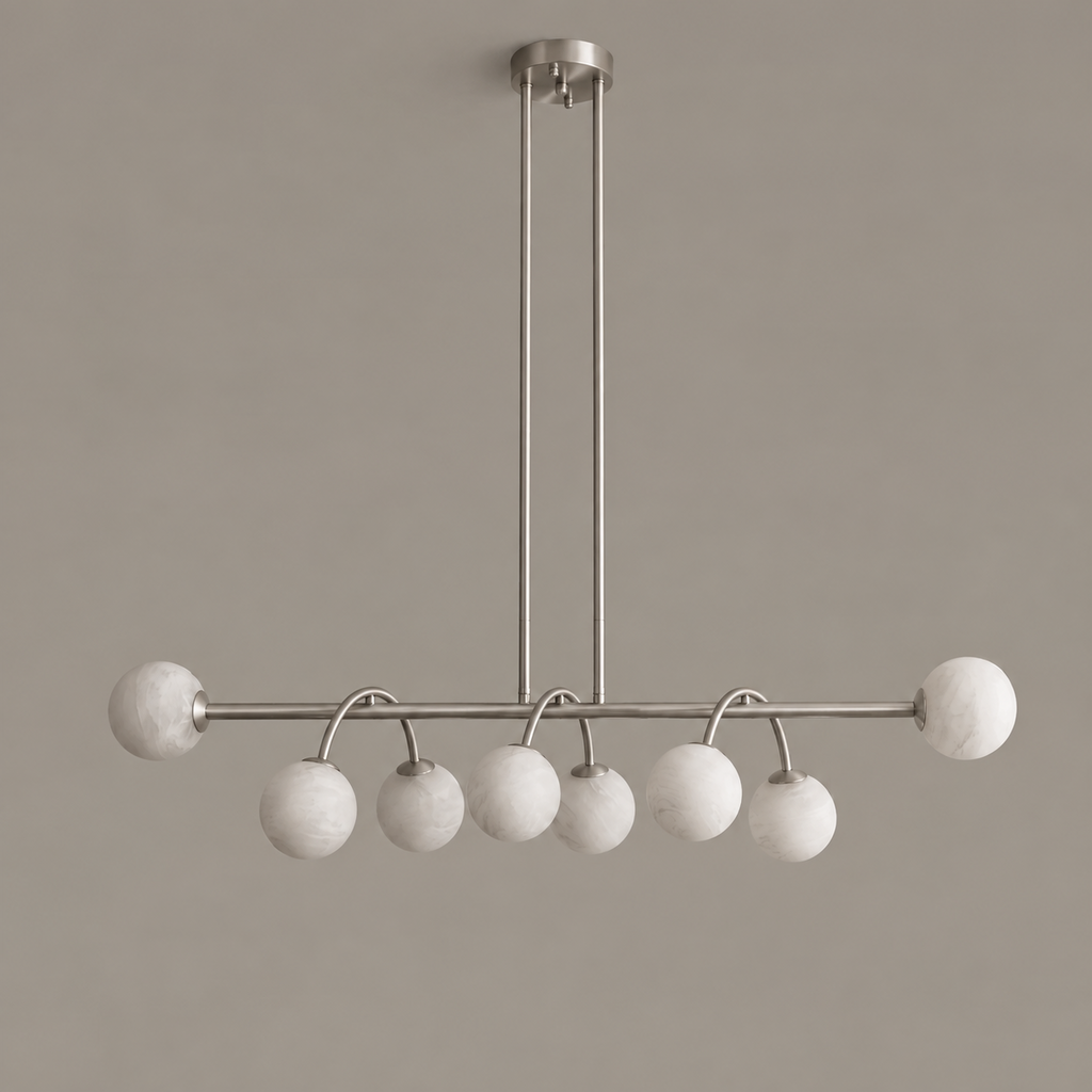 Side view of this Clérachic chandelier in brushed nickel, showing the dual rods that suspend the bar.