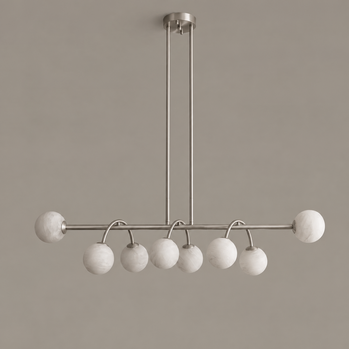 Side view of this Clérachic chandelier in brushed nickel, showing the dual rods that suspend the bar.