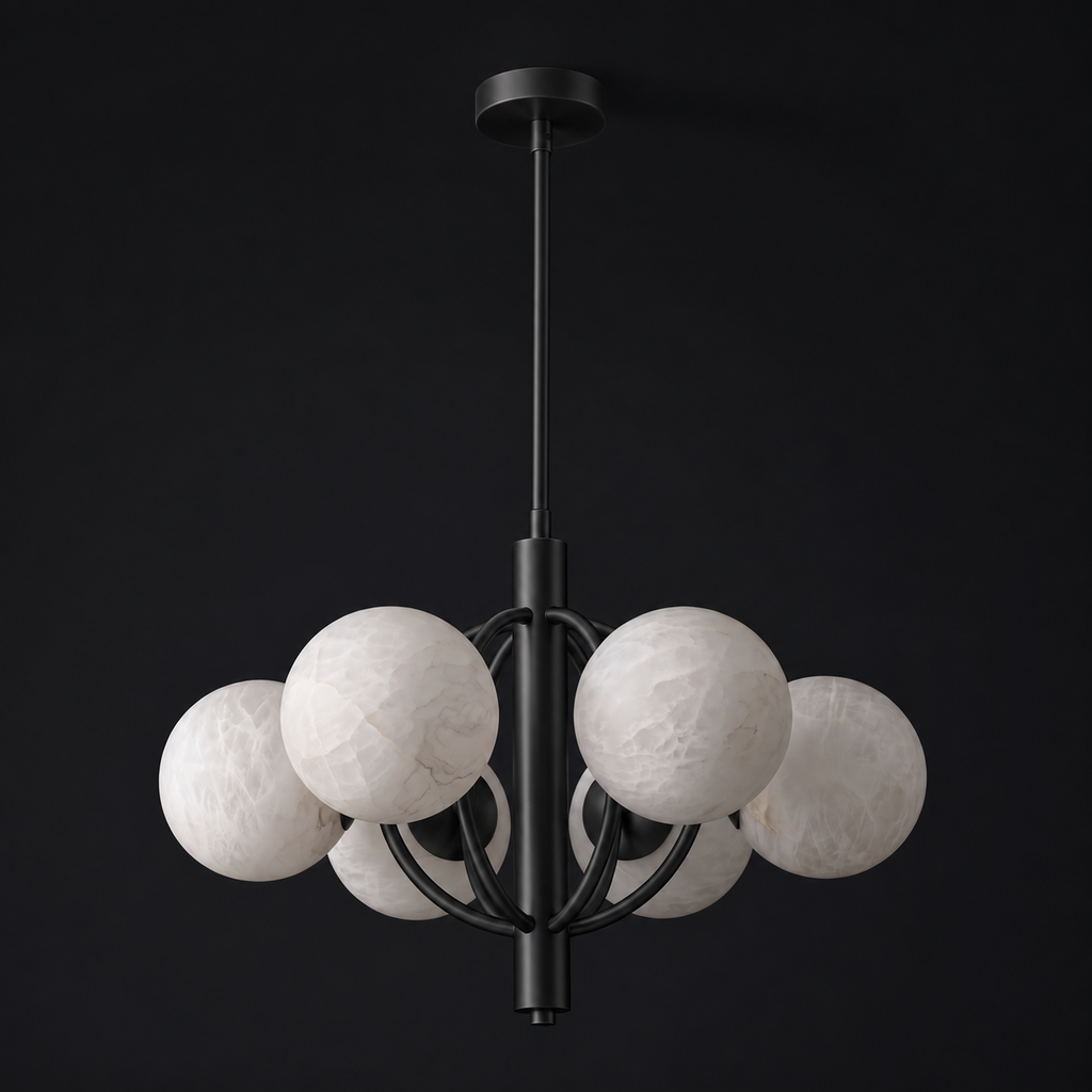 Studio shot of this Clérachic chandelier in matte black, its alabaster shades caged within intersecting rings.