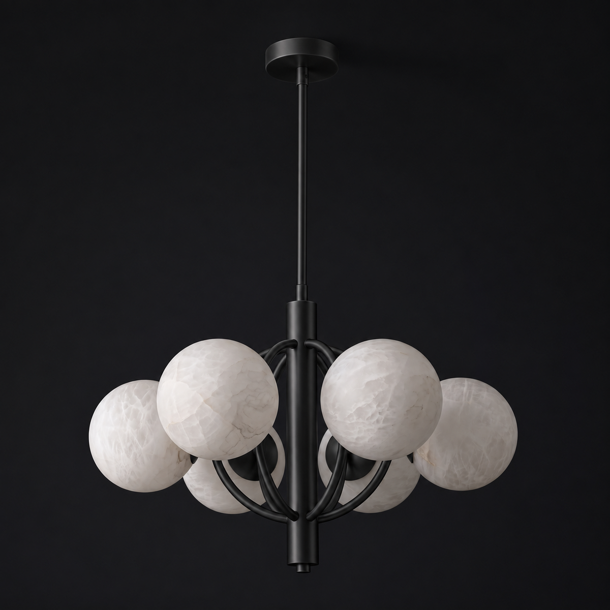 Studio shot of this Clérachic chandelier in matte black, its alabaster shades caged within intersecting rings.