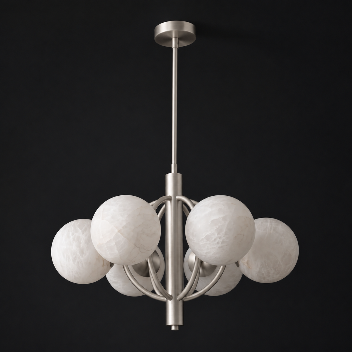 Front view of this Clérachic chandelier in brushed nickel, alabaster shades clustered around the open ring frame.
