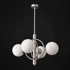 Side angle of this Clérachic chandelier in brushed nickel, showing the orbital rings that hold each shade.