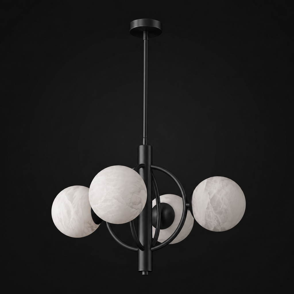 This Clérachic chandelier in matte black is shown from the side, its rings forming an open, orbital cage.
