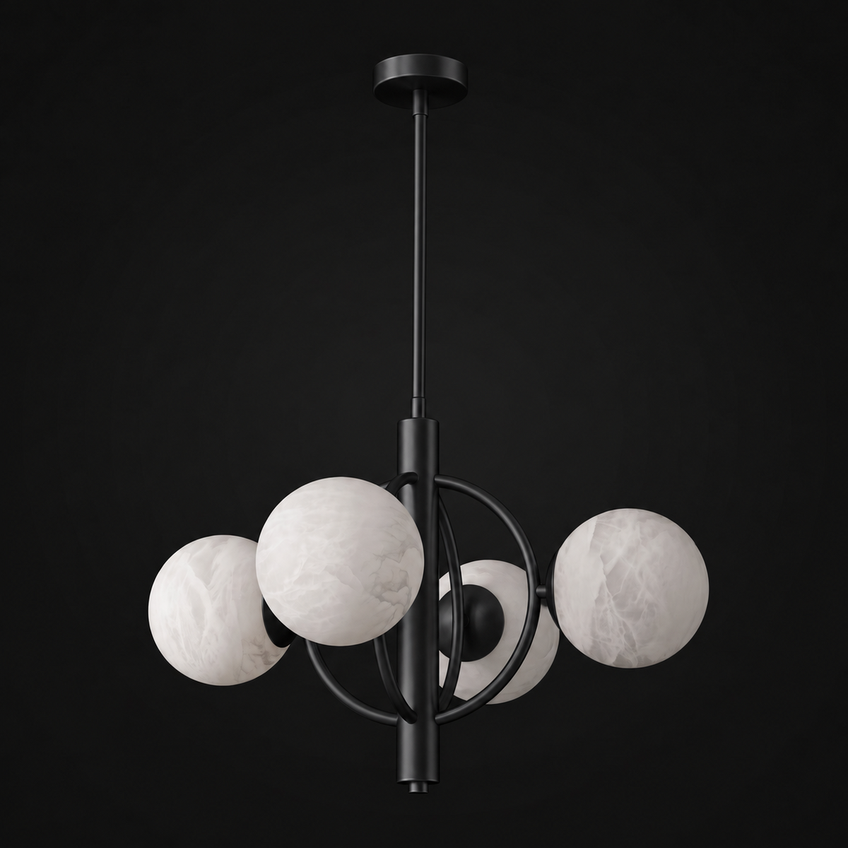 This Clérachic chandelier in matte black is shown from the side, its rings forming an open, orbital cage.