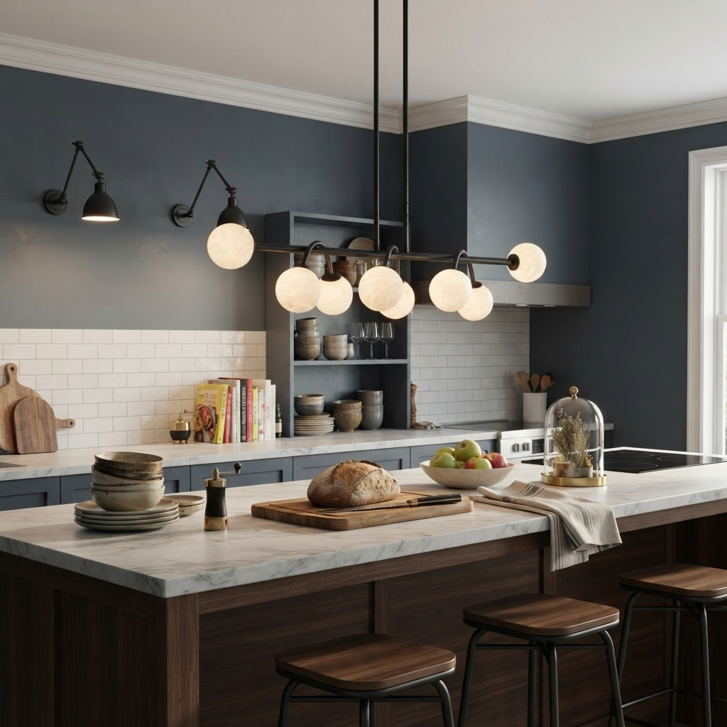A matte-black Clérachic chandelier lights a navy-tiled kitchen island beside matching wall sconces.
