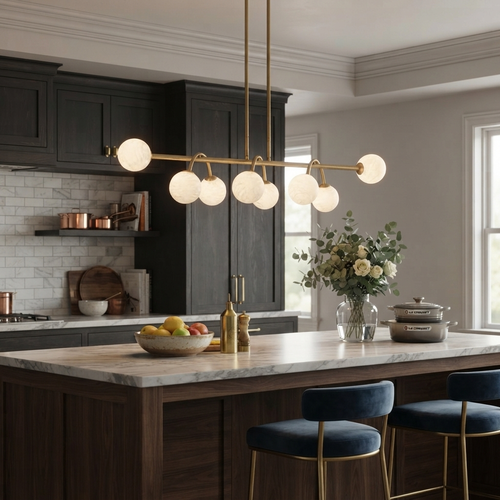 A brushed-brass Clérachic chandelier lights a kitchen island with navy barstools and open shelving.