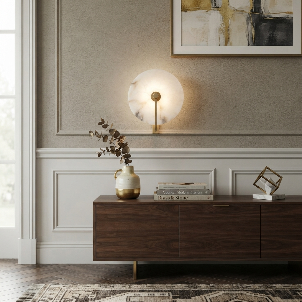The brushed-brass Clérachic wall sconce glows above a walnut sideboard in a panelled living room.