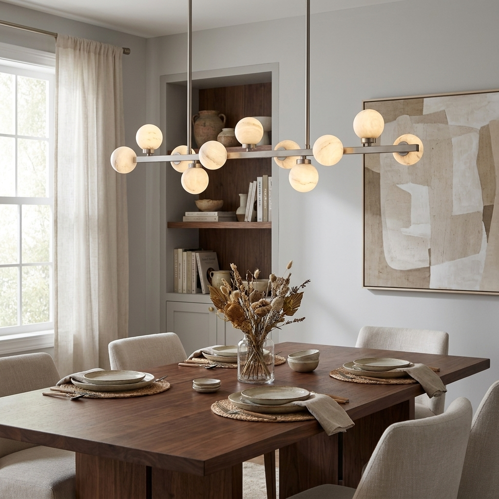 This brushed-nickel Clérachic chandelier glows over a dining table set against a grey, built-in bookshelf.