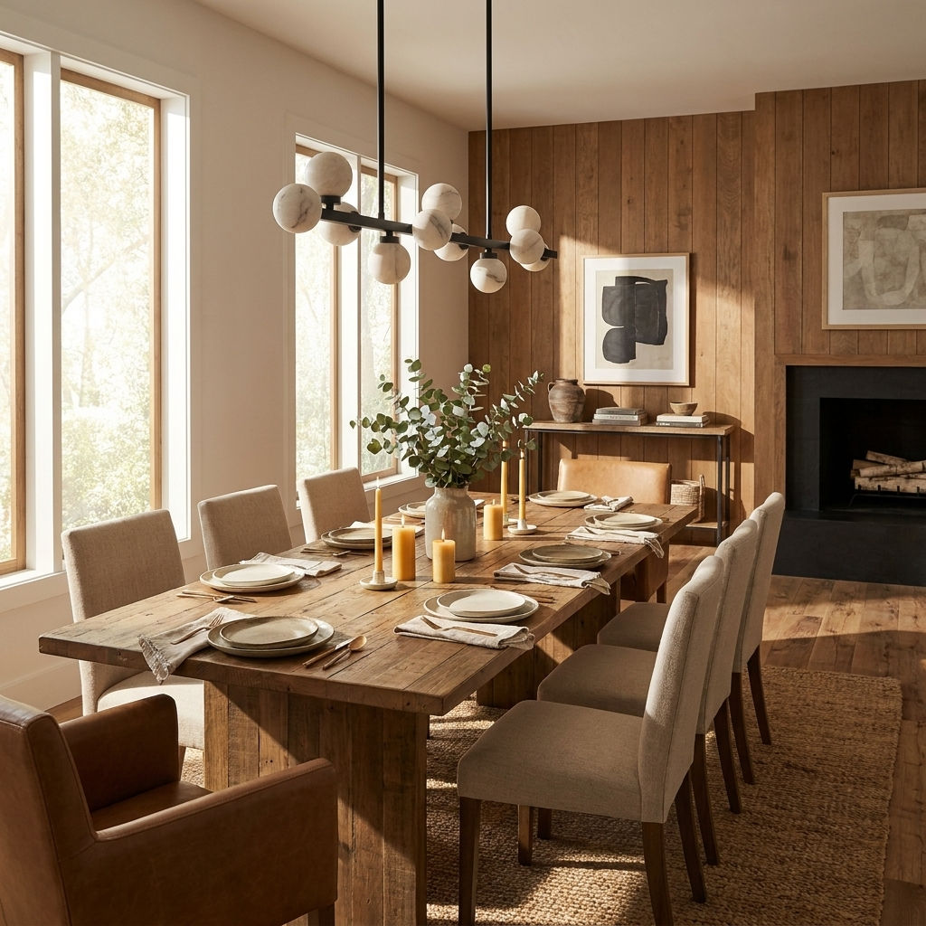 A matte-black Clérachic chandelier lights a long wood table near a stone fireplace in a panelled dining room.