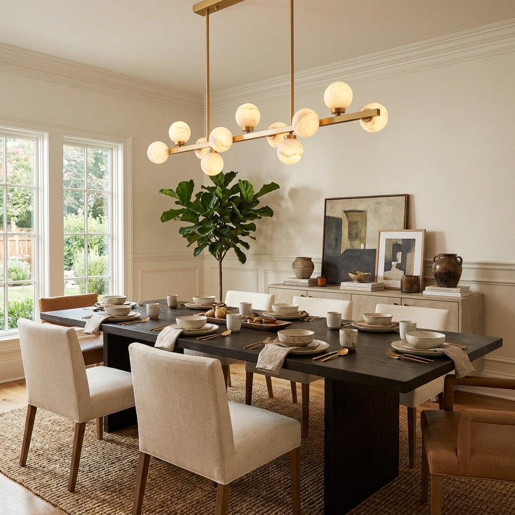 A brushed-brass Clérachic chandelier lights a dining table with beige chairs beneath wood-panelled walls.