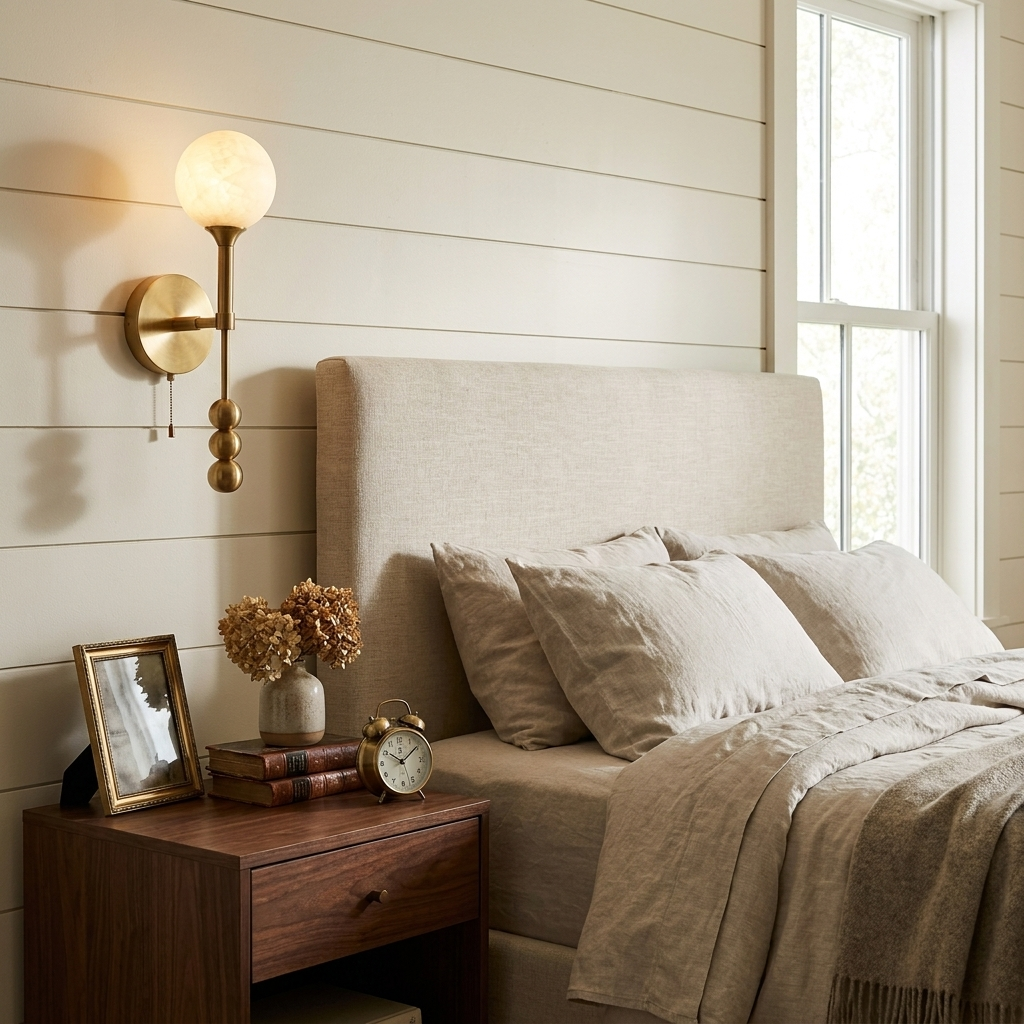 This brushed-brass Clérachic wall light glows above a bedside table in a warm, shiplap-walled bedroom.