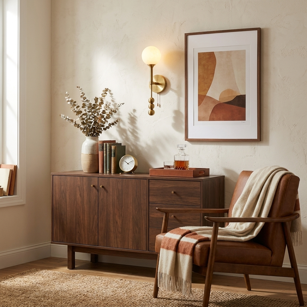 The brushed-brass Clérachic wall light glows beside a walnut sideboard and a framed abstract print.