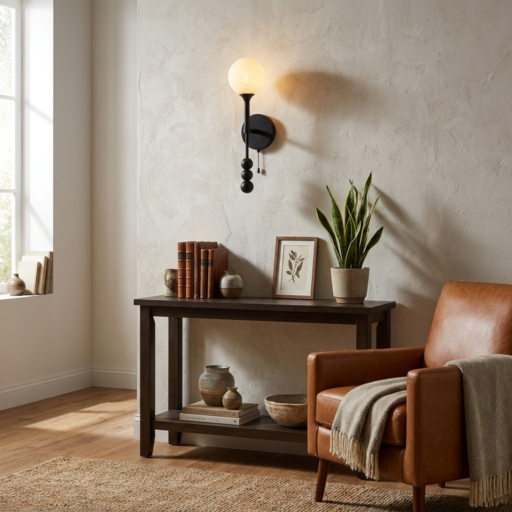 A matte-black Clérachic wall sconce lights a reading corner beside a leather armchair and a potted plant.