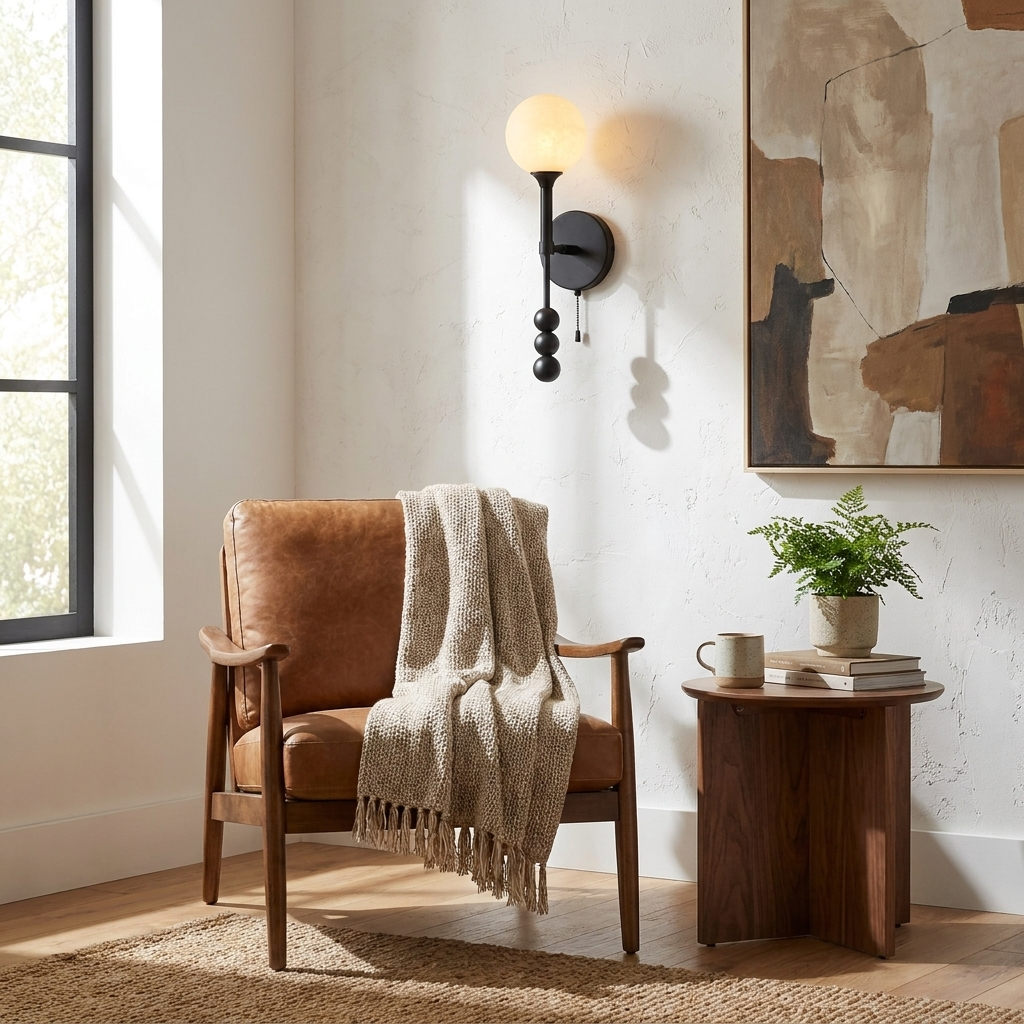 A matte-black Clérachic wall light glows beside an abstract canvas in a living room with a leather chair.