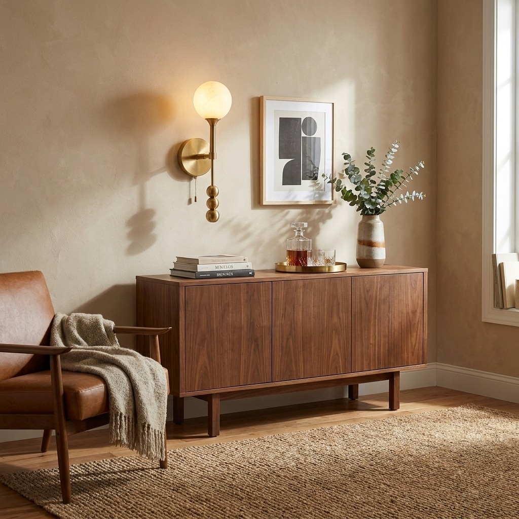 The brushed-brass Clérachic wall light glows above a walnut sideboard set with a framed print and vase.