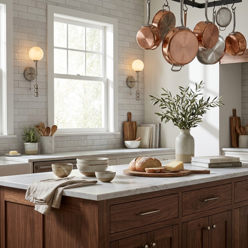 In a kitchen with hanging copper pots, the brushed-brass Clérachic wall sconce glows beside a window.