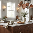 In a kitchen with hanging copper pots, the brushed-brass Clérachic wall sconce glows beside a window.