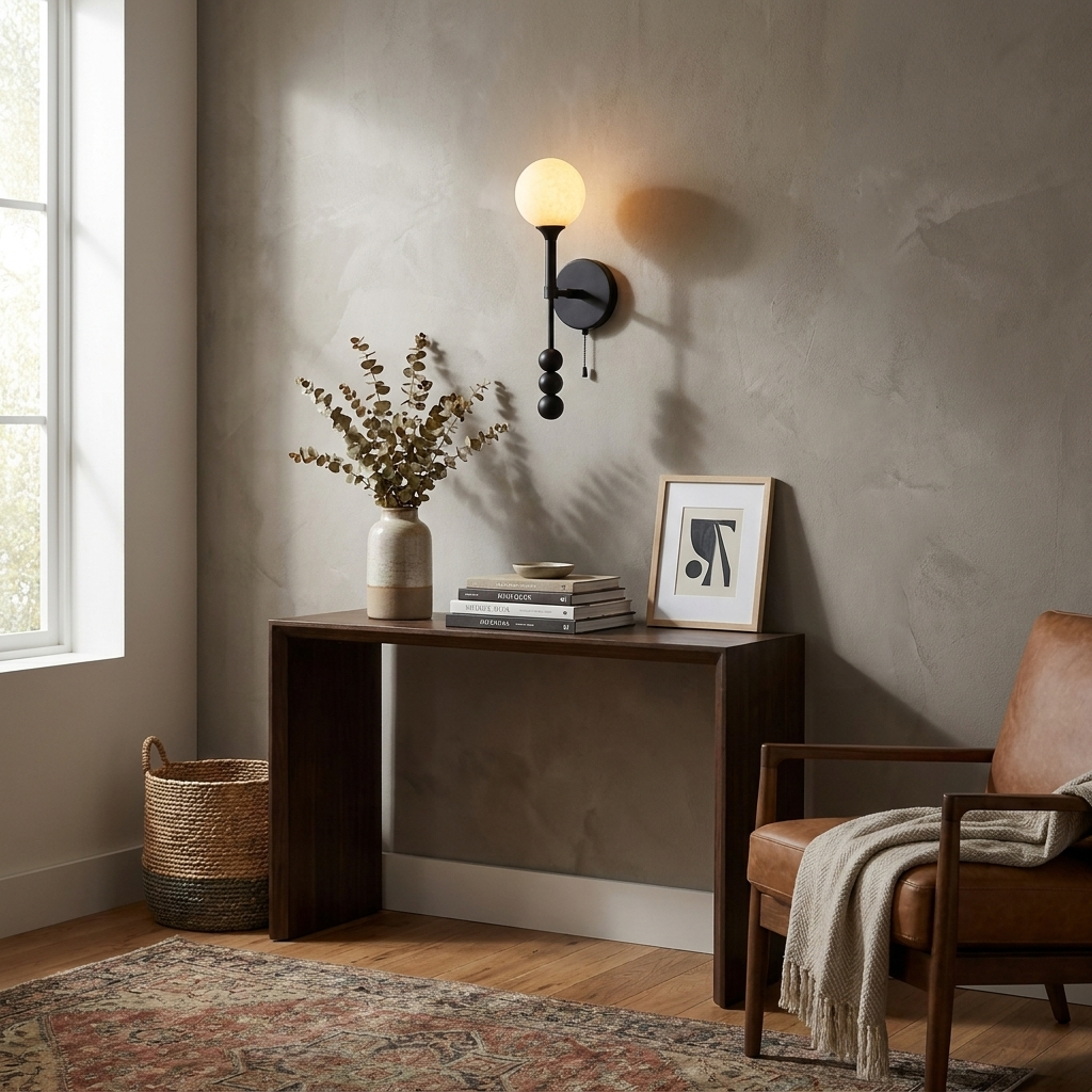 A matte-black Clérachic wall light glows over a console table with a stoneware vase and woven basket.