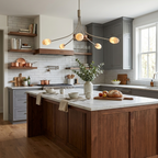 In a grey kitchen, the brushed-brass Clérachic chandelier hangs above an island with copper pots and marble counters.