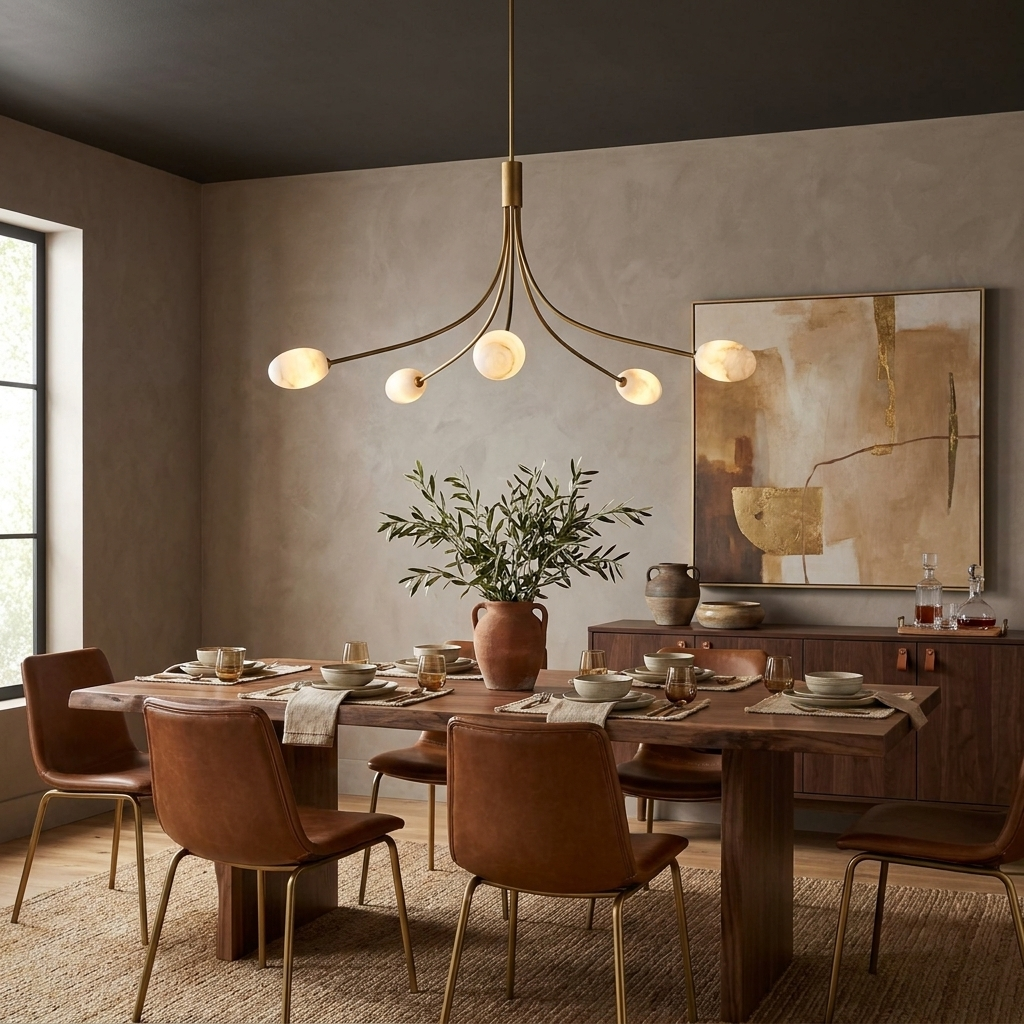 The brushed-brass Clérachic chandelier lights a dining table with terracotta chairs against a taupe wall.