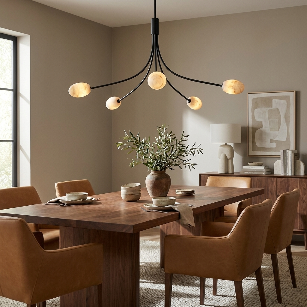 A matte-black Clérachic chandelier hangs over a dining table with leather chairs and a vase of olive branches.